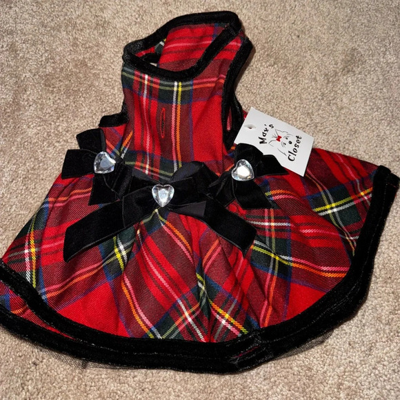 Red Tartan Plaid Christmas Dress with bows and Gems for Dogs Size Small - Picture 1 of 8